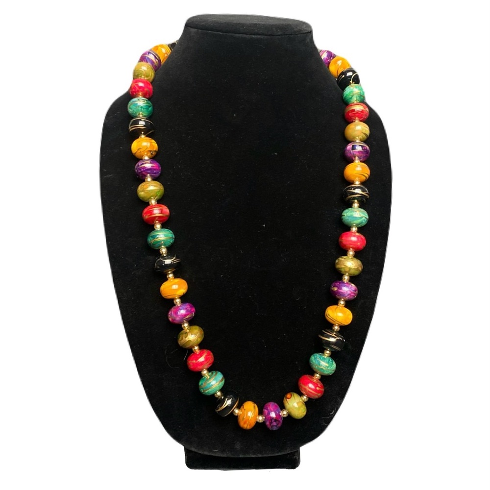 Vintage Multicolor Beaded Necklace Gold Swirl Painted‎ Beads Statement Boho